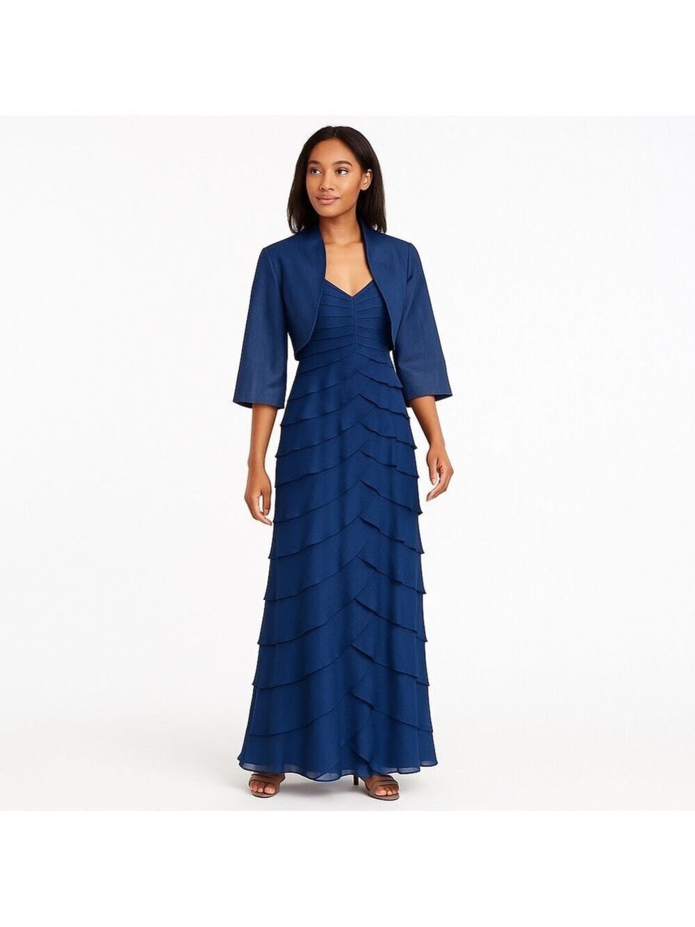 Adrianna Papell Mother Bride Groom Blue Tiered Chiffon Gown Bolero Wedding Guest